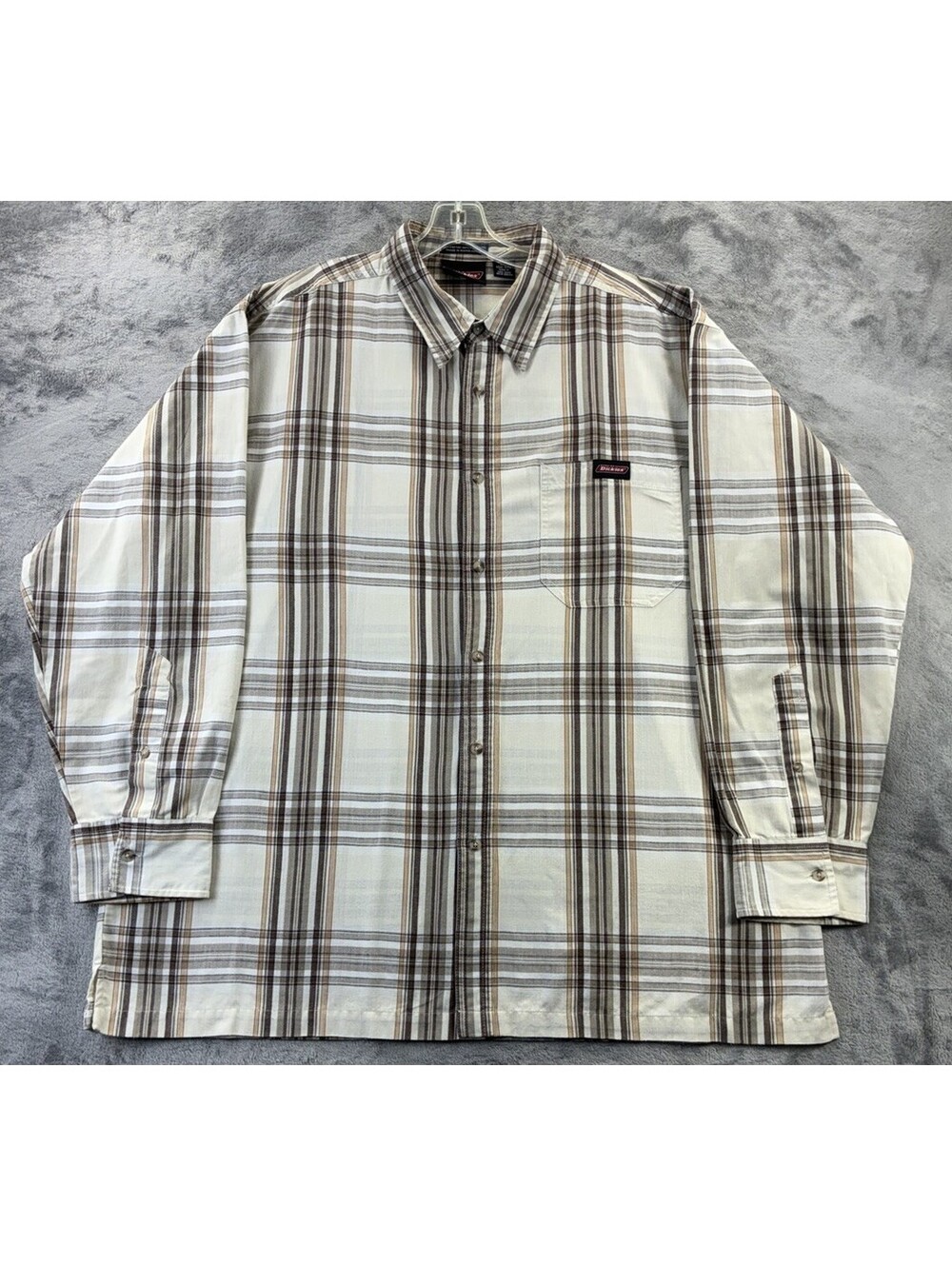 Dickies Flannel Long Sleeve Shirt Beige Brown White Neutral Black Plaid 2XL
